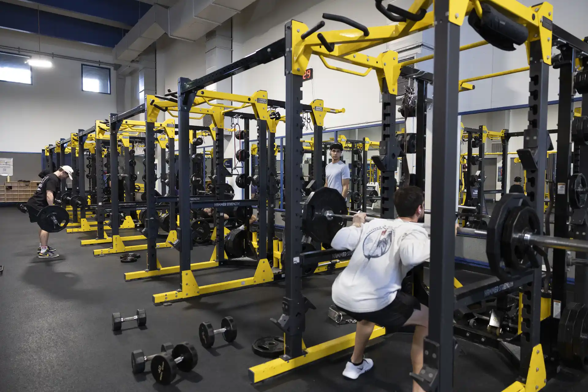 Persona entrenando sentadilla en un rack amarillo en el centro recreativo de UC Berkeley