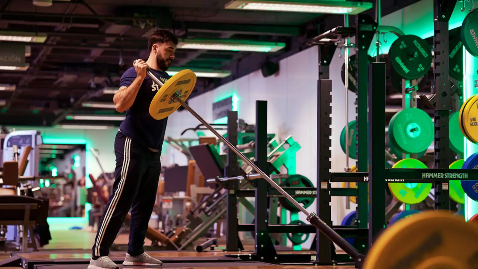 Zona de peso libre con racks Hammer Strength en AltaFit Torre Picasso